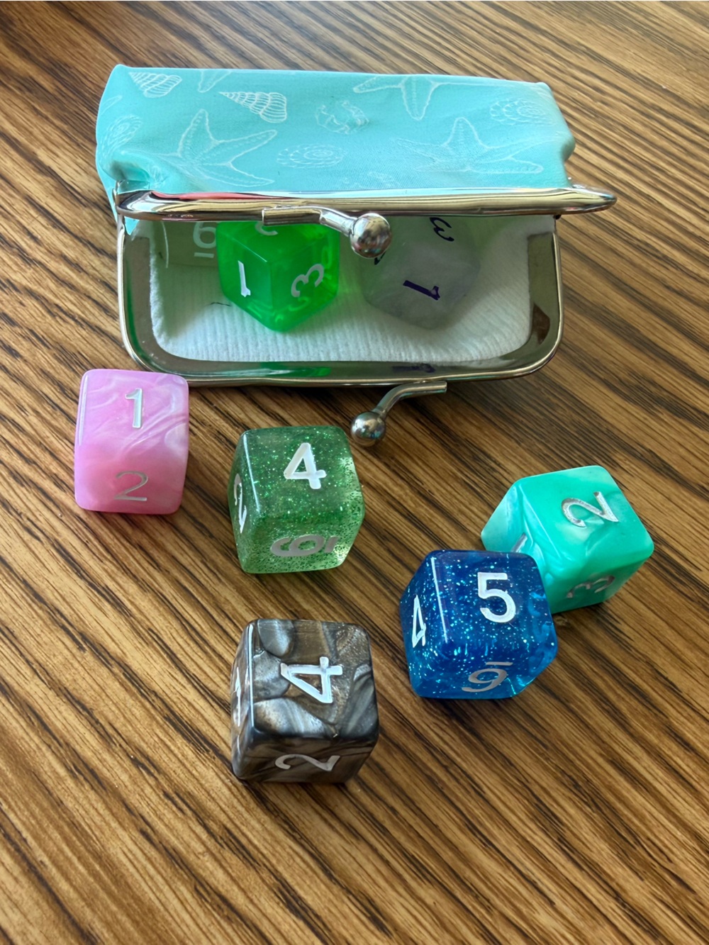 Assorted Colorful Dice Set with Seafoam Clasp Case